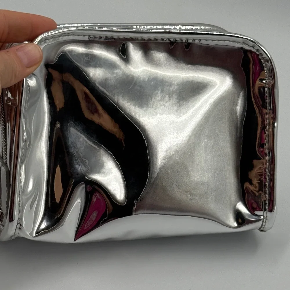Makeup by Mario Cosmetic Bag Small Silver Metallic Y2K Futuristic Chrome Pouch‎